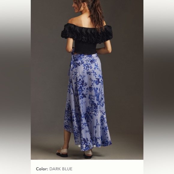 NWT new Anthropologie Maeve ruffled wrap skirt dark blue floral small maxi - Picture 11 of 17
